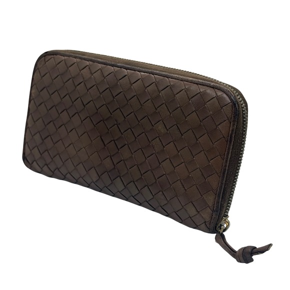 Bottega Veneta Intrecciato Woven Leather Zip Around Wallet Brown Made in Italy - Picture 1 of 10